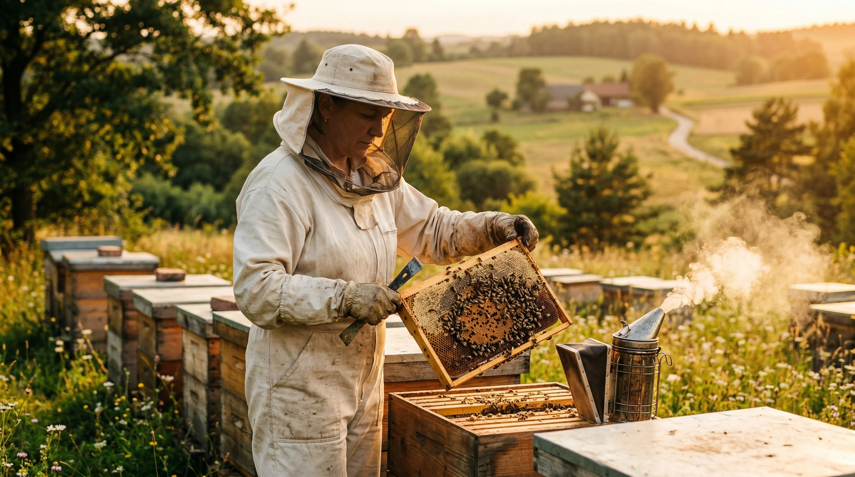 Pszczelarz podczas przeglądu rodziny pszczelej w pasiece