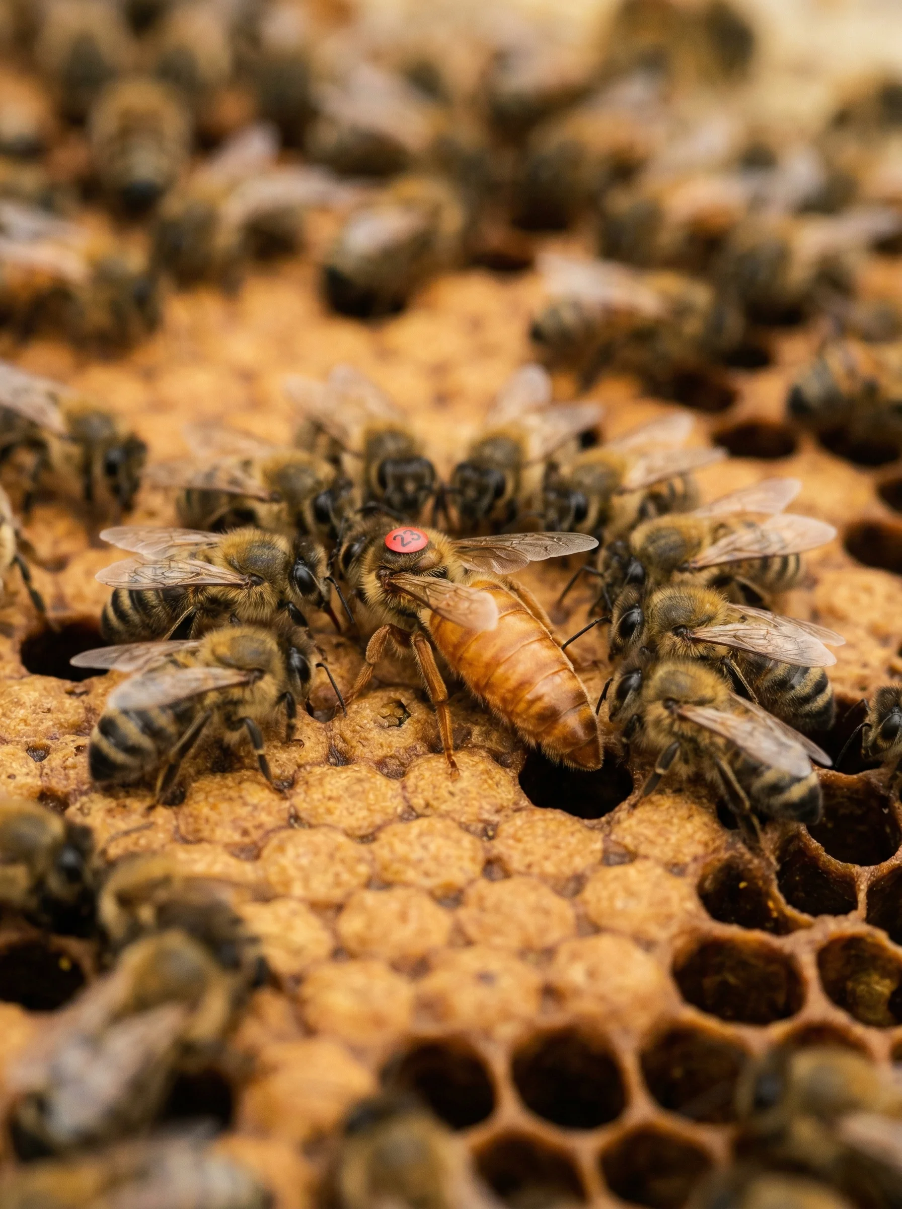Matka pszczela na plastrze miodu w otoczeniu pszczół robotnic